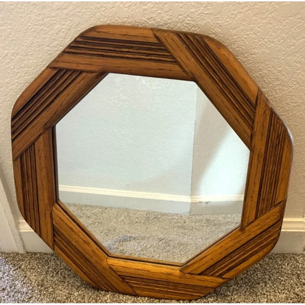 Vintage Mid Century Modern Walnut Octagon Wall Mirror 1970s Boho Wood Geometric